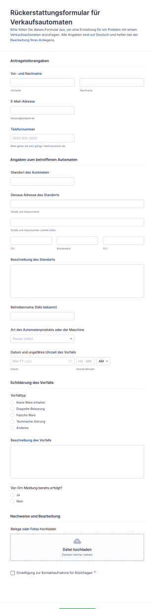Verkaufsautomaten Rückerstattungsformular