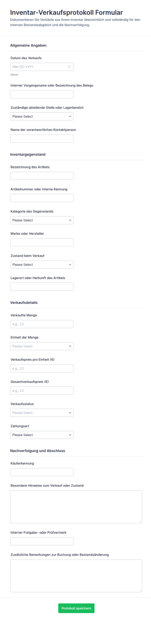 Verkaufsbestandsprotokoll Formular