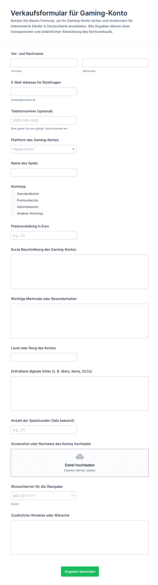 Verkaufsformular Für Gaming Konten
