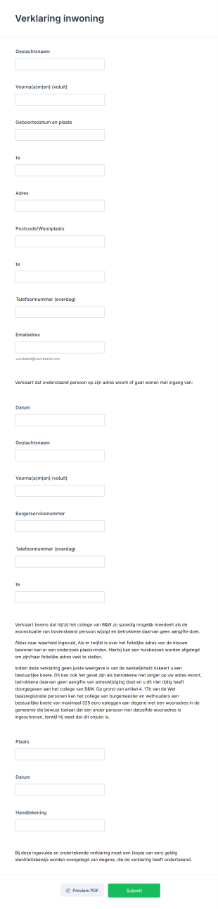 Verklaring Inwoning Form Template