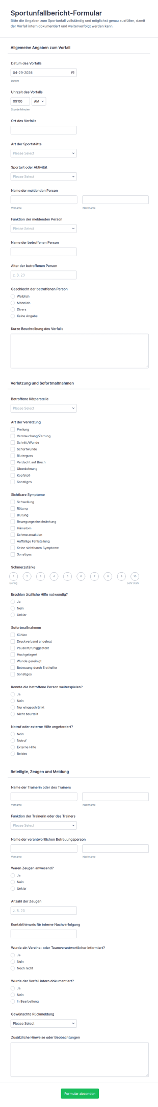 Verletzungsbericht Bei Sportverletzungen Formular