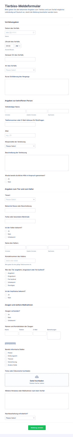 Verletzungsbericht Bei Tieren Fragebogen