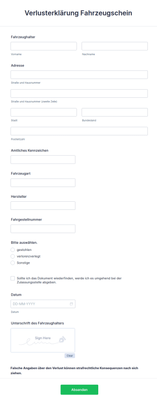 Verlusterklärung Fahrzeugschein