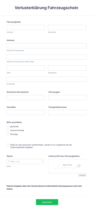 Verlusterklärung Fahrzeugschein