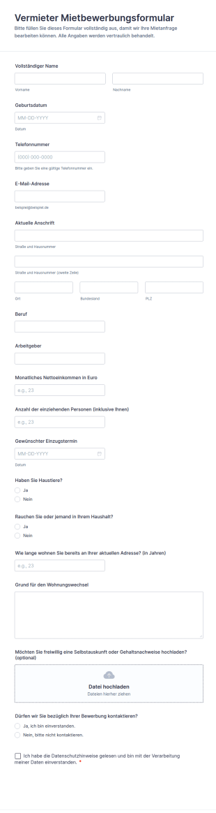 Vermieter Mietbewerbungsformular
