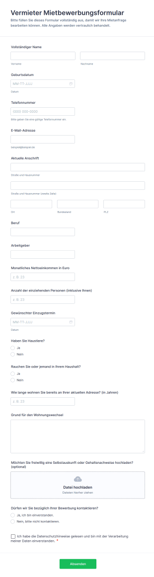 Vermieter Mietbewerbungsformular