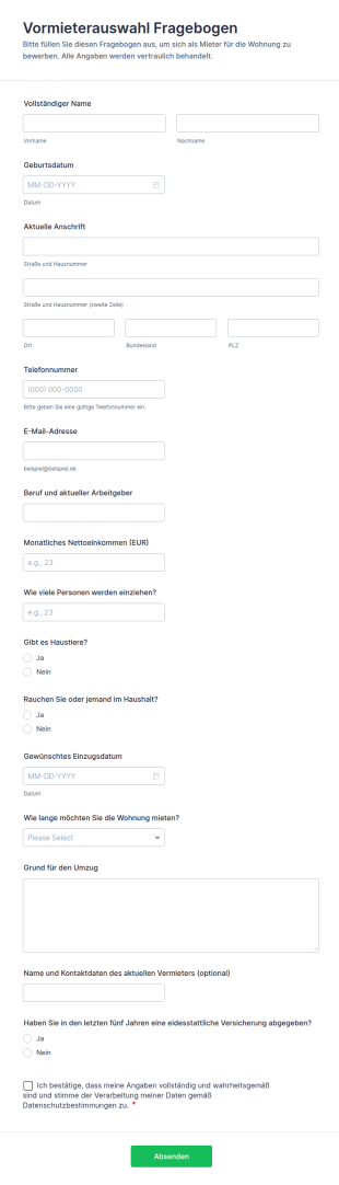 Vermietungs Vorauswahl Fragebogen
