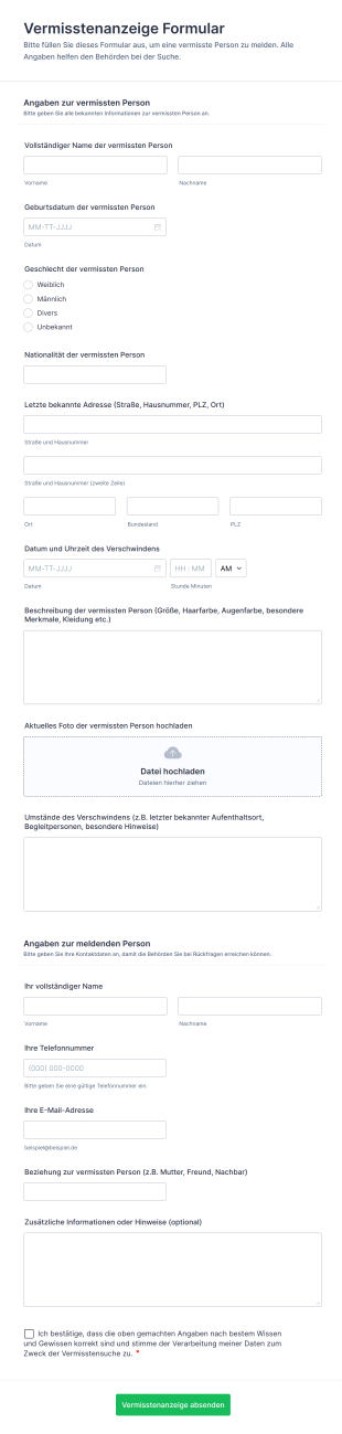 Vermisstenanzeige Formular