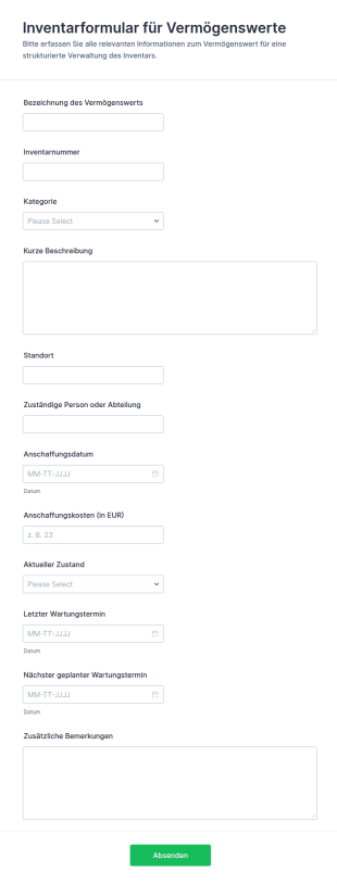 Vermögensinventar Registrierungsformular