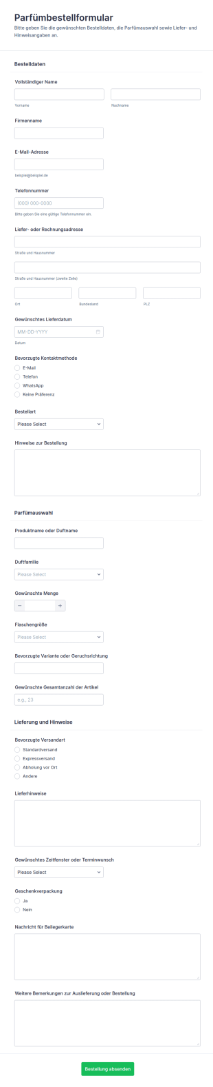 Verpackungsbestellung Für Parfüm Formular