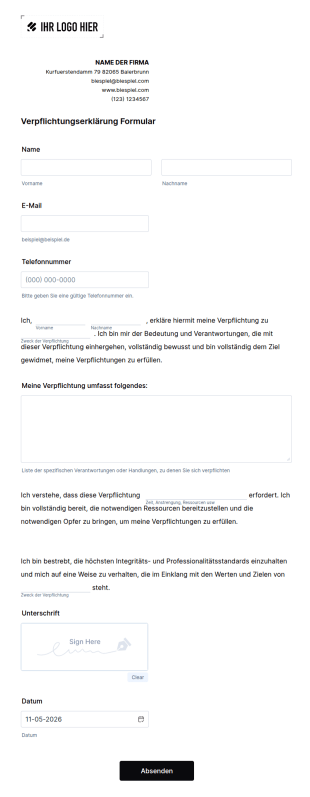 Verpflichtungserklärung Formular