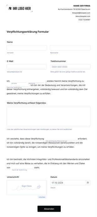 Verpflichtungserklärung Formular