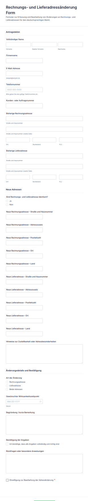 Versand Und Rechnungsadresse Änderungsformular
