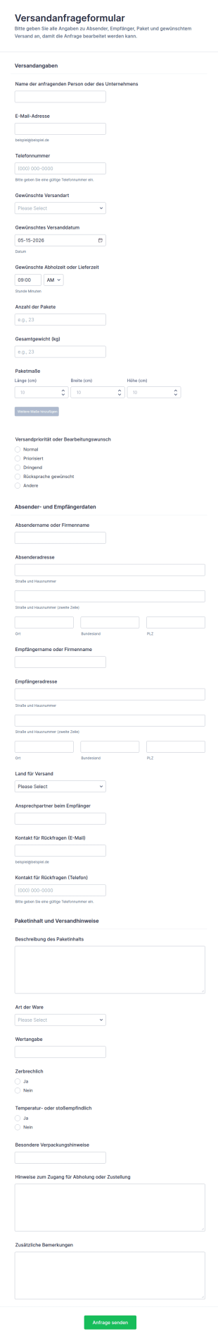 Versandanfrage Formular
