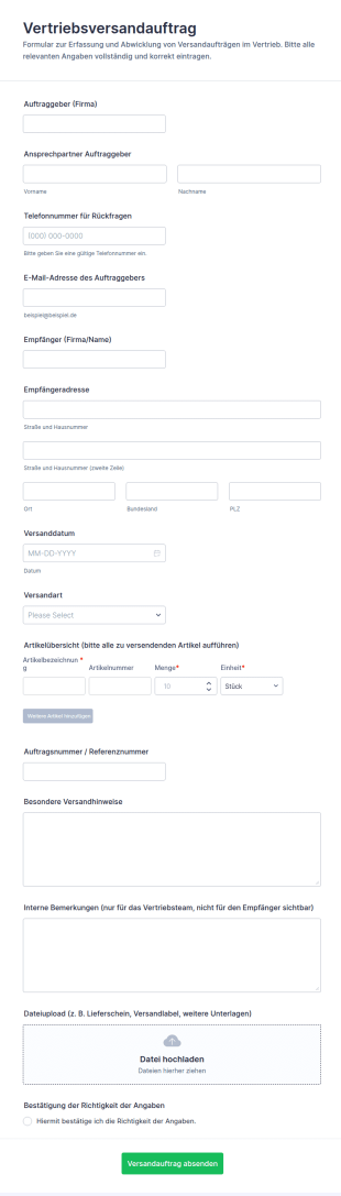 Versandauftrag Formular