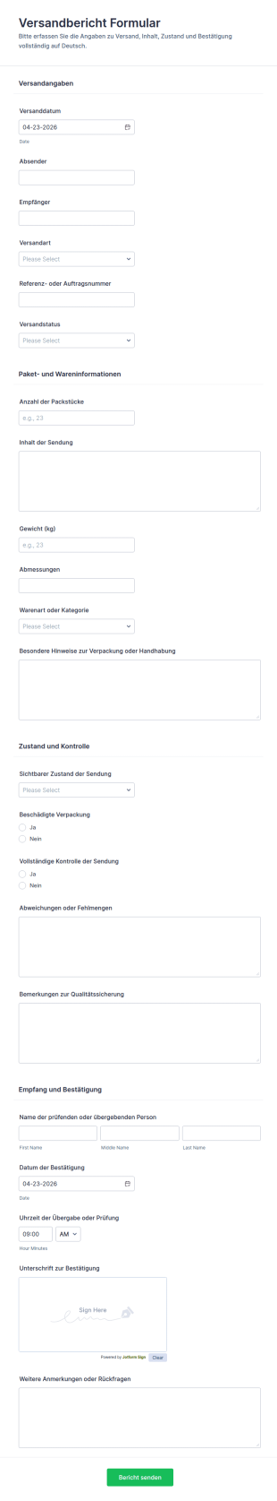 Versandbericht Formular 🚚