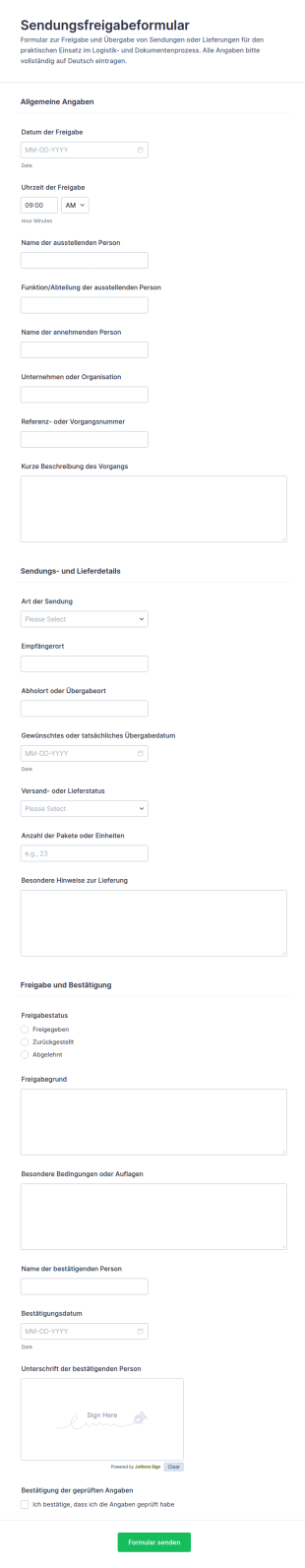 Versandfreigabe Formular
