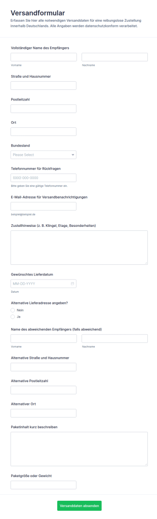 Versandinformationen Formular