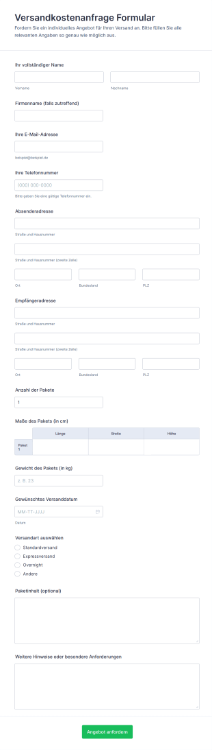 Versandkostenanfrage Formular