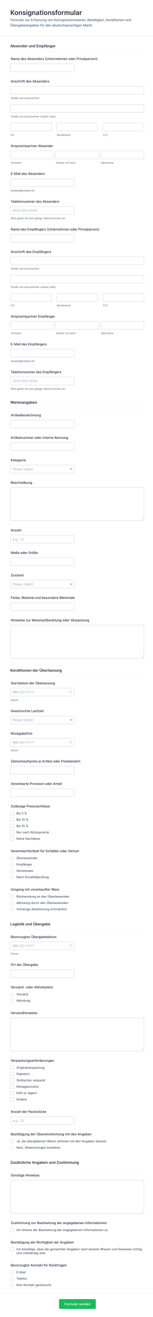 Versandvereinbarung Formular