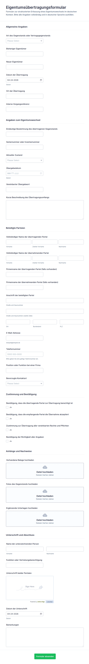 Verschiebung Des Eigentums Übertragungsvereinbarung Formular