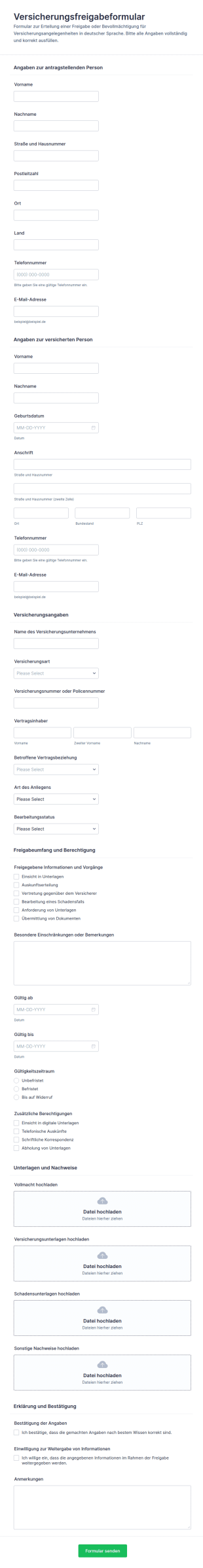 Versicherungs Ermächtigungsformular
