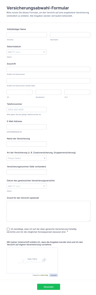 Versicherungsabwahl Formular