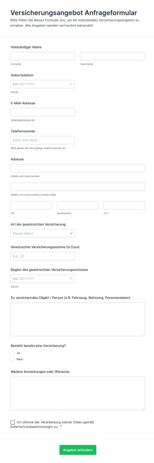 Versicherungsangebot Anfrageformular