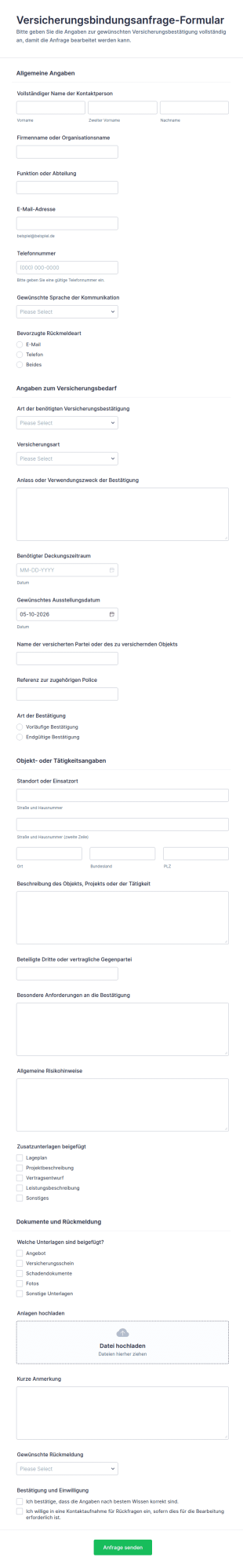 Versicherungsbindung Antragsformular