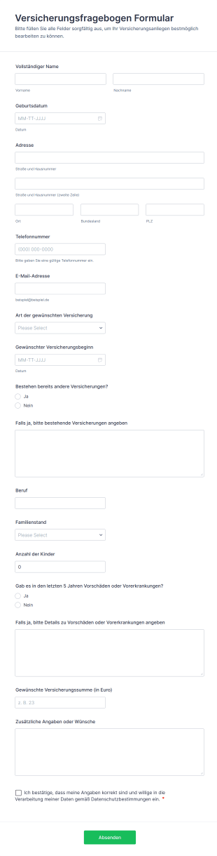 Versicherungsfragebogen Formular