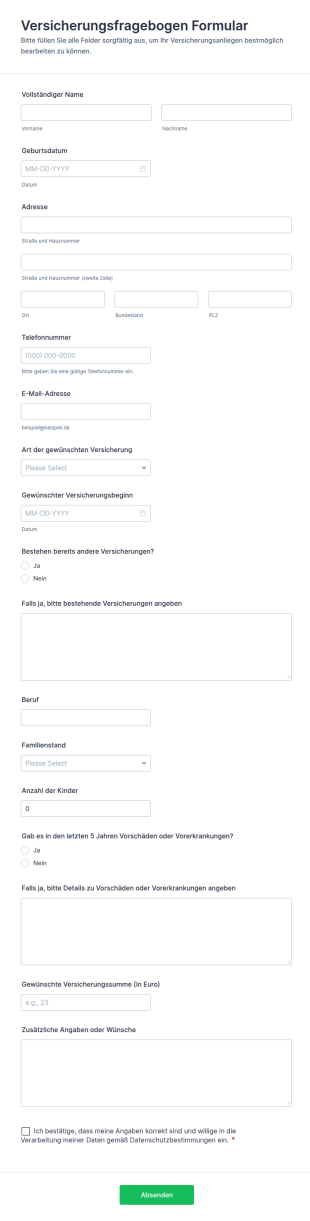 Versicherungsfragebogen Formular