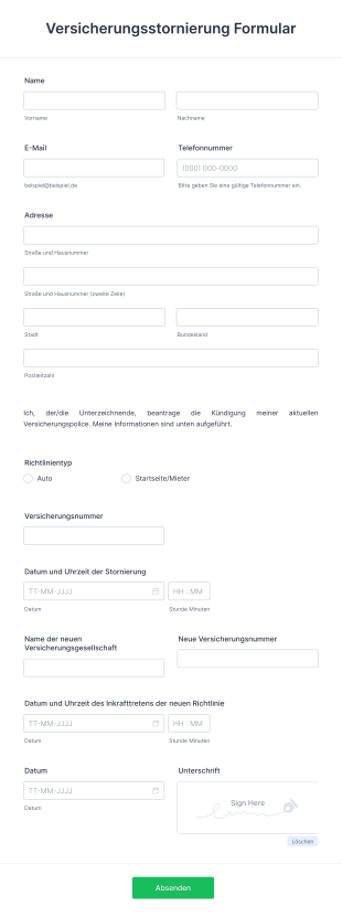 Versicherungsstornierung Formular Form Template