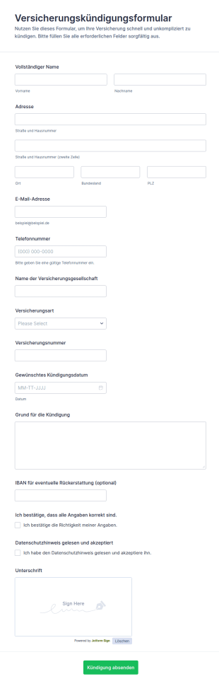 Versicherungsstornierungsformular