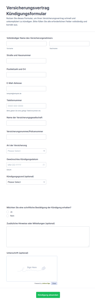 Versicherungsvertrag Kündigungsformular
