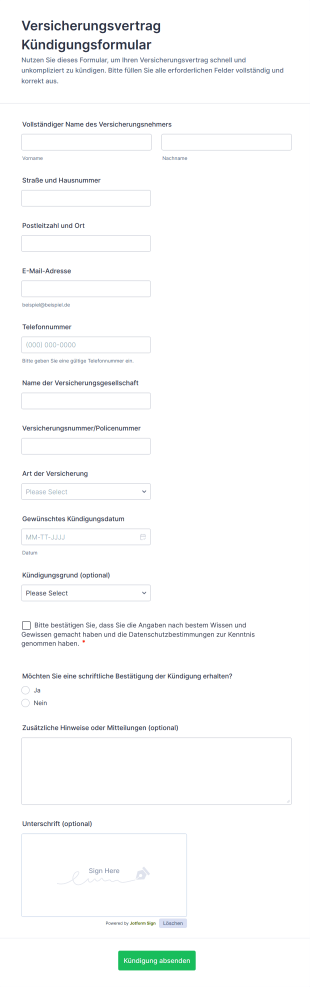 Versicherungsvertrag Kündigungsformular