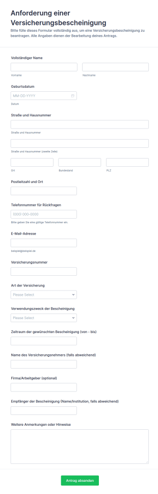 Versicherungszertifikatsanfrage Formular