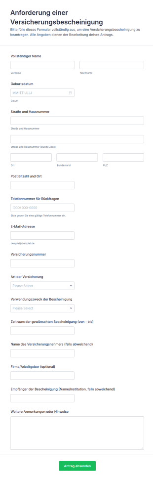 Versicherungszertifikatsanfrage Formular