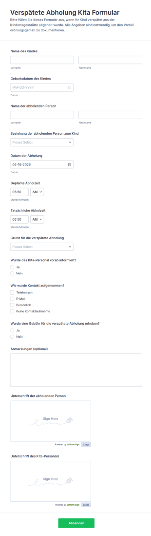 Verspätete Abholung Kita Formular