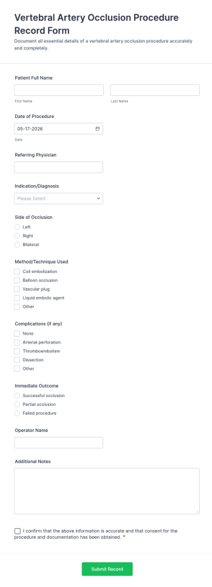 Vertebral Artery Occlusion Procedure Record Form Template