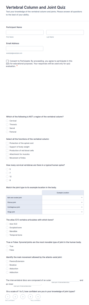 Vertebral Column And Joint Quiz Form Template