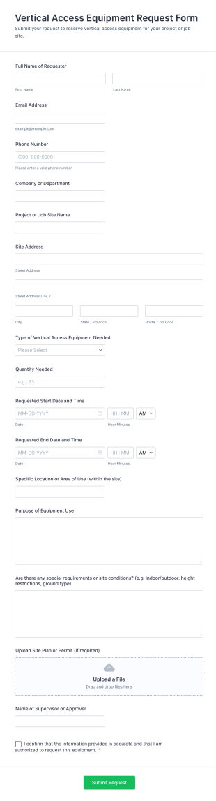 Vertical Access Equipment Request Form Template