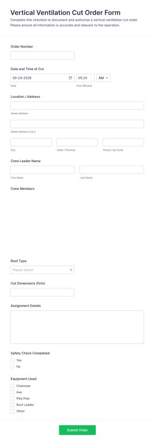 Vertical Ventilation Cut Order Checklist Form Template