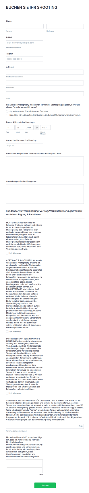 Vertragsformular Für Die Buchung Einer Fotosession