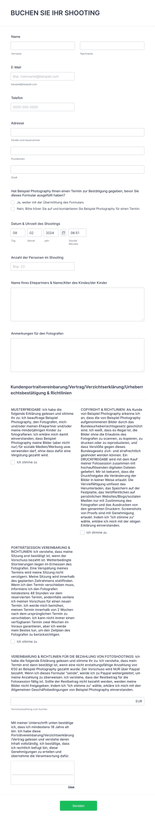 Vertragsformular Für Die Buchung Einer Fotosession Form Template