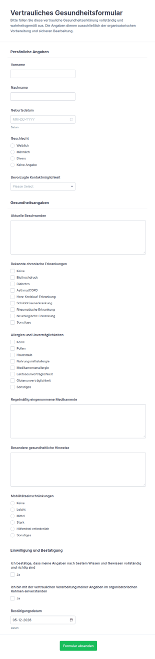 Vertrauliche Gesundheitsdeklaration Fragebogen