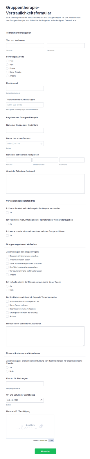 Vertraulichkeitserklärung Für Gruppentherapie Formular
