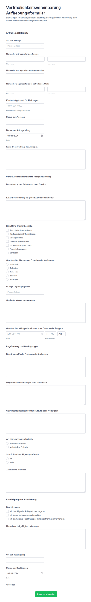 Vertraulichkeitsfreigabe Formular