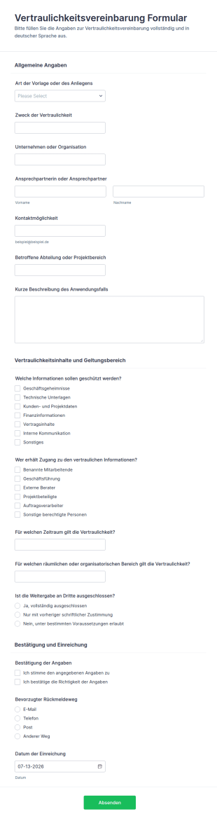 Vertraulichkeitsvereinbarung Form