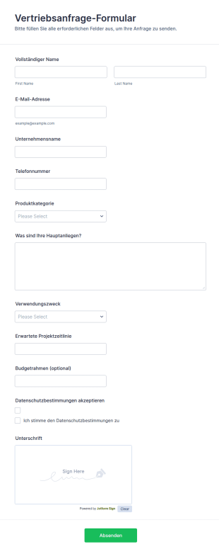 Vertriebsanfrage Formular