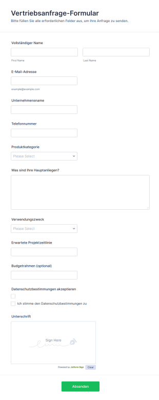Vertriebsanfrage Formular